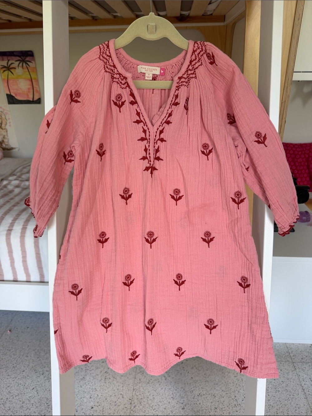 Pink Chicken Pink Embroidered V-Neck Tunic with Red Floral Motif